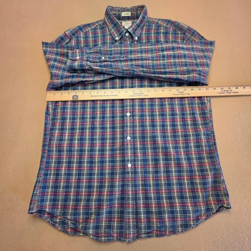 J.Crew Organic Cotton Indigo Chambray Plaid Button-Down Shirt Blue Red Sz Large